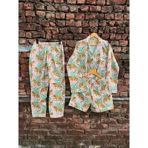 Wholesale 100% Cotton Animal Print Long 3 Piece <b>Pyjama</b> Set Handmade Long-Lasting Nightwear for <b>Men</b> Women for Bridesmaid <b>Shorts</b> - Product Image 5