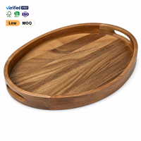 Grand plateau de service ovale en bois d'acacia avec poignées découpées pour le petit-déjeuner, le café, le thé, l'hôtel, le restaurant et la décoration de la maison