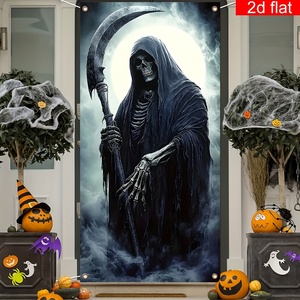 Housse de porte Halloween Grim Reaper, squelette effrayant avec faucille, design pleine lune, en polyester, pour décoration de fête maison hantée - Product Image 1