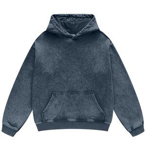 Pull à capuche délavé à l'acide pour hommes hiver surdimensionné brodé poche kangourou goutte épaule-teint uni avec impression numérique - Product Image 1