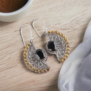Handmade <b>Black</b> Onyx <b>Earrings</b> 925 Sterling Silver Two Tone Boho Gemstone Jewelry Gift <b>For</b> <b>Women</b> - Product Image 3