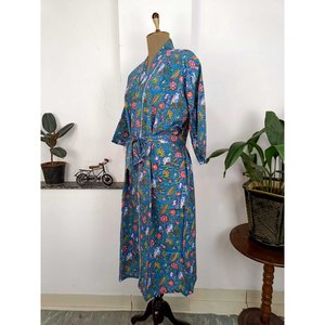 Robe Kimono Bohème en Pur Coton, Style Indien, Imprimé Floral de Luxe de Jaipur, Robe Indienne Bleue et Rouge pour la Plage - Product Image 5