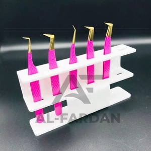 Japanese Stainless Steel Hot Pink Color Gold Tip Lash Tweezers with Acrylic <b>Stand</b> For Eyelash Tweezer Volume <b>Boot</b> - Product Image 1