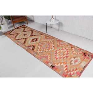 พรมตุรกีขนาด 3.2x10.3 ฟุต, พรมคิลิมวินเทจ, พรมขนสัตว์ลายสัตว์สีส้ม - Product Image 2