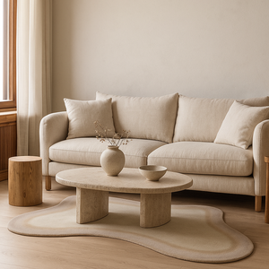 พรมทอมือ ขนสัตว์แท้ 100% เป็นมิตรกับสิ่งแวดล้อม ขนปานกลาง ผ้ารองบาง รูปทรงแปลกใหม่ ลายโมเดิร์น นามธรรม สีไอวอรี่-เทา สำหรับตกแต่งบ้าน - Product Image 1