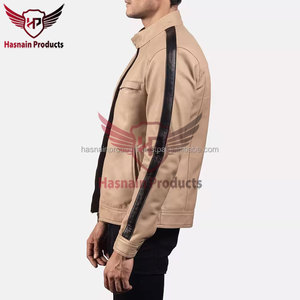 Chaqueta de Cuero Beige Auténtico para Hombre, Cuello con Broches, Manga con Raya Negra, Estilo Café Racer, Personalizada, Vintage, Ropa de Invierno - Product Image 3