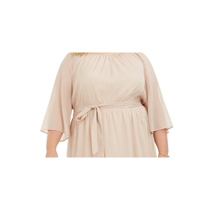 Abito da donna City Studios taglie forti color oro, modello trendy a silhouette ampia con vita naturale e cintura in chiffon metallizzato, taglia 2X - Product Image 2