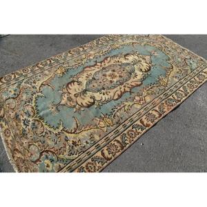 Vintage Turkish Rug, 5.1x8.4 ft Rug, <b>Brown</b> Blue Abstract <b>Wool</b> Rug - Product Image 4