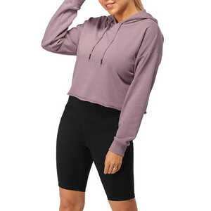 Jersey de manga larga de algodón de alta calidad, Top corto para mujer, Sudadera con capucha con logotipo personalizado para gimnasio, ropa informal, hombro liso, Invierno - Product Image 6
