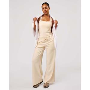 Pantalones Anchos de Punto CloudWaffle - Cintura Alta, Corte Holgado con Cordón Ajustable, Estilo Casual Otoñal en Color Vainilla - Product Image 3