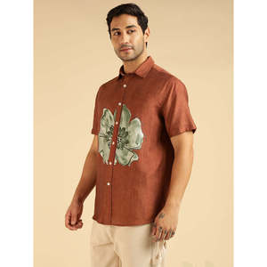 Amanush Men's Nylon <b>Tan</b> <b>Brown</b> Short Sleeve Placement Floral Printed Casual Shirt With Turn-down Collar Breathable Fabric Shirts - Product Image 3