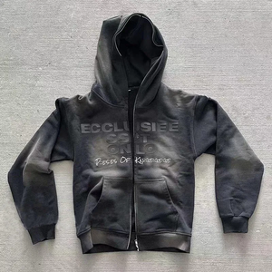 Ensemble Homme Personnalisé Hiver en Polaire de Coton Zip Intégral Strass Délavé Effet Soleil Taille Double Ample Délavage Acide Short et Sweat à Capuche - Product Image 4