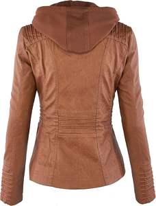 Chaqueta de cuero PU para mujer, abrigo con cremallera, chaqueta de cuero con capucha extraíble de otoño, chaqueta de motocicleta informal de Color camello de manga larga - Product Image 2