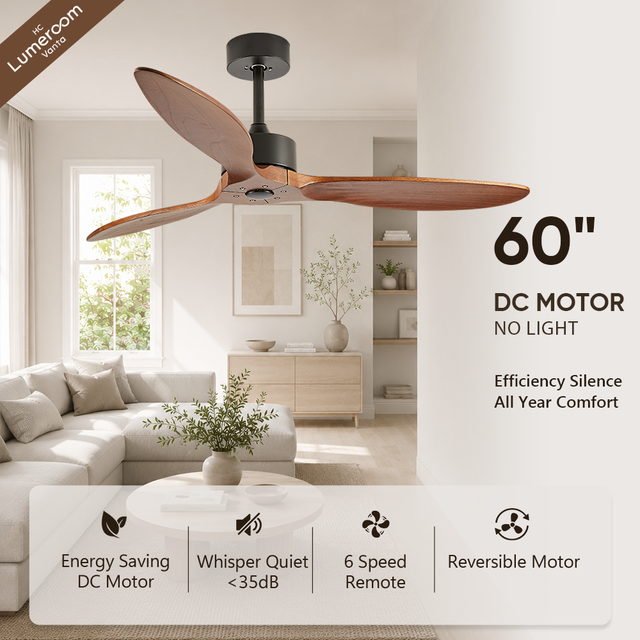 60 Inch 3 Blade Solid Wood Ceiling Fan Without Light Remote Control DC Motor for Bedroom Living Room Large Room