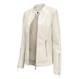Veste de motard pour femmes en cuir beige à la mode Slim Fit Design fermeture à glissière col montant poches élégantes Look moderne respirant - Product Image 3