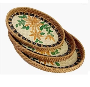Bandeja Ovalada de Ratán para Servir Ensaladas, Frutas y Comida, Vajilla Decorativa con Incrustaciones de Hueso para Hogar, Hotel y Restaurante - Product Image 1