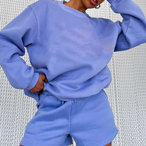 Sólido de invierno personalizado para conjuntos de desgaste Mujeres de gran tamaño Vintage Fleece Terry Sudadera con capucha Conjunto de pantalones cortos - Product Image 2