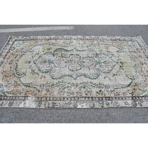 Tapis turc vintage 4.9x8.8 pieds laine tissage plat support en latex vert beige motif patchwork pour décorations de couloir de salon - Product Image 3