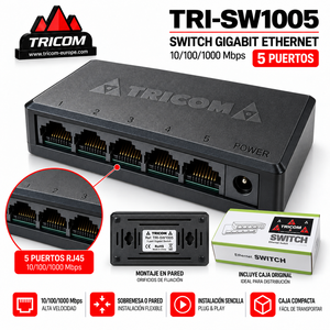 Commutateur Ethernet Gigabit TRICOM 5 ports 10/100/1000 Mbps, design compact, montage mural, Plug & Play - Product Image 3