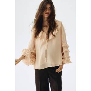 Blusa de Gasa con Bordado Floral para Mujer, Talla XL, con Volantes, de Rayón y Algodón, Tejido de Punto, con Lazo, Corta, para Oficina, Primavera/Otoño - Product Image 1