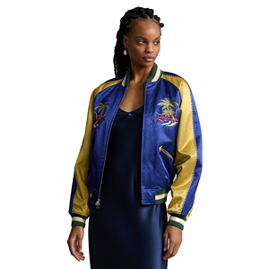 Women's Satin Varsity <b>Jacket</b> Blue Gold Embroidery Palm Tree Design Zipper Front Full Sleeve Autumn Wear - Product Image 1