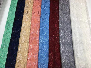 Tissu de dentelle brodé de <span class=keywords><strong>cordon</strong></span> de polyester de soie douce africaine bleu clair pour robe de soirée chic - Product Image 6