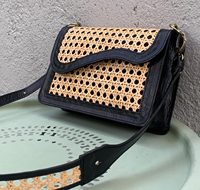 Sac en rotin naturel pour femmes, sac à bandoulière en rotin et cuir fait à la main noir pour dame, femme, Nhat Minh