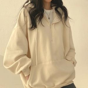 2024 <b>Women</b> Hoodie Loose Oversized Solid Color Top <b>Half</b> <b>Zip</b> Hoodies Female Casual Long Sleeve Pocket Hooded <b>Sweatshirt</b> - Product Image 3