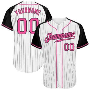 Ropa de equipo personalizada más vendida, camiseta de béisbol con mangas raglán auténtica en blanco y negro a rayas Rosa-Negro - Product Image 1