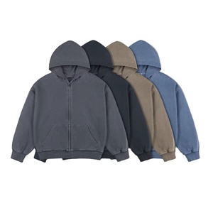 Novedad 2026: Sudadera con capucha gris oscuro teñida en prenda, 500 g/m², con estampado 3D en relieve, corte holgado, cremallera completa, estilo cropped. - Product Image 1