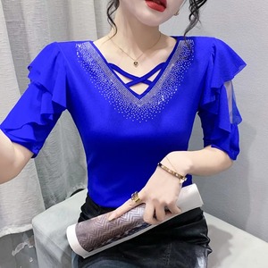 Negro Azul para Púrpura Estilo coreano Camiseta de malla para mujer Media manga Volantes Cuello en V-Un Sexy Tight Terry Diamond Motif Hollow - Product Image 4