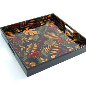 Plateau de service carré en bois de manguier, design feuille d'automne tropicale, finition laquée noire, avec poignées latérales, pour la maison - Best-seller - Product Image 1