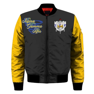 Chaqueta SGRho Sigma Gamma Rho Satin 1922 Azul Rey Dorado Bordado Griego Estilo Bomber para Mujer - Product Image 1