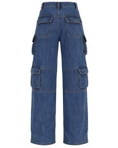 Pantalon cargo en jean à taille haute et jambes larges pour femmes, fabriqué sur mesure, bleu clair délavé, multi-poches, streetwear, décontracté, tendance - Product Image 2