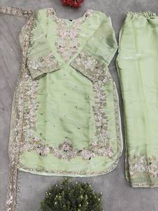 Indian Pakistani Designer Pure Soft Silk Semi-Stitched Ready-Made Salwar Suit Kameez Dupatta Dress Long Fashion-Style <b>Wedding</b> - Product Image 2