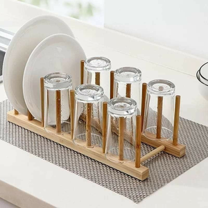 Estante de secado de platos de madera Estante de platos plegable Soporte compacto organizador de gabinete de cocina para cuencos de platos y estantes para tazas - Product Image 6