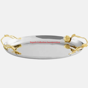 Food Serving Stainless Steel Tray Gold Plated Leaf Design Handle <b>For</b> Dessert <b>Display</b> Wholesale Suppliers Dishes <b>Plates</b> - Product Image 6
