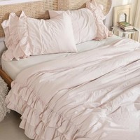 Housse de couette en lin français personnalisée ODM/OEM pour lit Queen, certifiée OEKO-TEX, rose clair, tissée 300TC, avec volants