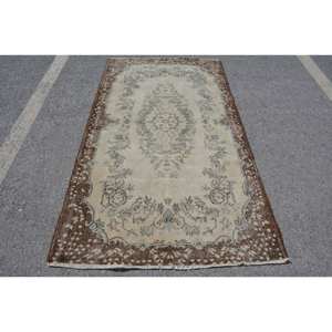 Alfombra de lana turca vintage de 37x68 pies, área grande, diseño de retales bohemio marrón beige para pasillo, habitación, respaldo de látex, rectángulo clásico - Product Image 1