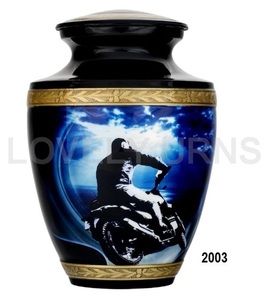 Urne pour cendres humaines de grande taille pour moto, capacité de 200 pouces cubes, design bleu or, construction métallique, sac en velours pour commémoration de motard - Product Image 1