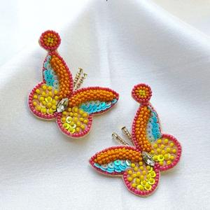 Boucles d'oreilles perlées multicolores vintage pour femmes patriotique Orange blanc bleu tissu de créateur pour le jour du souvenir du mariage - Product Image 2