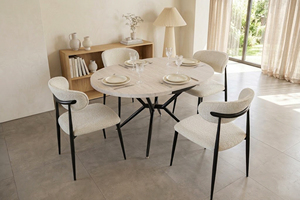This modern <b>dining</b> <b>set</b> combines minimalist aesthetics with high durability. With its unique curved back design and textured fabr - Product Image 2