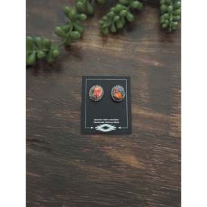 Navajo Pink Mohave Turquoise & Sterling <b>Silver</b> <b>Stud</b> Earrings Bezel Setting for Gift - Product Image 1