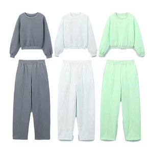 Survêtement pour femme en coton 100% surdimensionné, sweat-shirt à col rond, pantalon, col à capuche, motif uni, polaire épais 350 g/m² pour l'hiver - Product Image 2