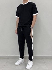Men's Black T-Shirt And <b>Jogger</b> Set Crew Neck Short Sleeve Solid Color Casual Summer Outfit With <b>White</b> Trim And Drawstring Waist - Product Image 2