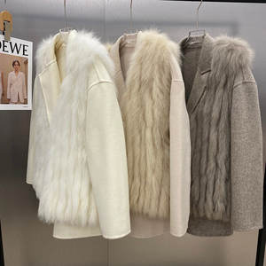 Abrigo de cachemira XL de moda para mujer con chaleco de piel de zorro desmontable de cuello alto, tejido transpirable teñido con estampado de piel sintética de cuello alto largo - Product Image 6