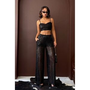 Topshow <b>Red</b> <b>Sequined</b> Wide Leg Women's Trousers for Stylish Evening Party Combinations and Elegant Night Outfits - Product Image 4