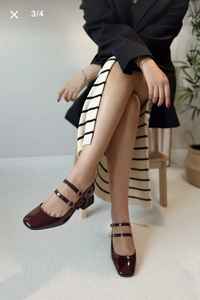 รองเท้าสตรี Mary Jane รองเท้าหนังแก้วทรงสี่เหลี่ยมแบบปิดด้านหลังเบอร์กันดีมีสายรัดคู่ทำจากตุรกี - Product Image 3