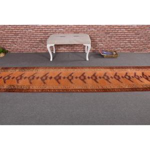 2.5x13 ft Vintage Rug, Turkish Runner Rug, <b>Brown</b> Orange Bordered <b>Wool</b> Rug - Product Image 3