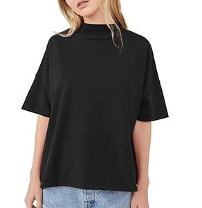Camiseta recortada personalizada con cuello simulado negro para mujer, Top corto 100% de algodón, Camiseta lisa de gran tamaño con cuello simulado para niñas - Product Image 1